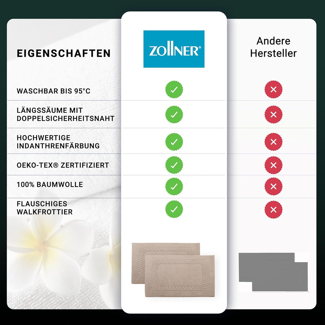 ZOLLNER 2er Set Badematten - weiche und saugstarke Duschvorleger - waschbar bis 95°C - Baumwolle - 5