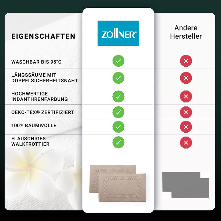 ZOLLNER 2er Set Badematten - weiche und saugstarke Duschvorleger - waschbar bis 95°C - Baumwolle - 5