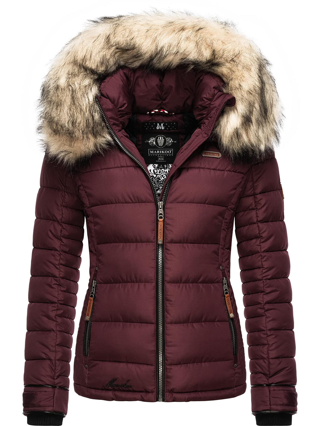 MARIKOO Damen Winterjacke Steppjacke mit abnehmbarem Kunstfell Lerikaa XS-3XL L Wine, L Wine