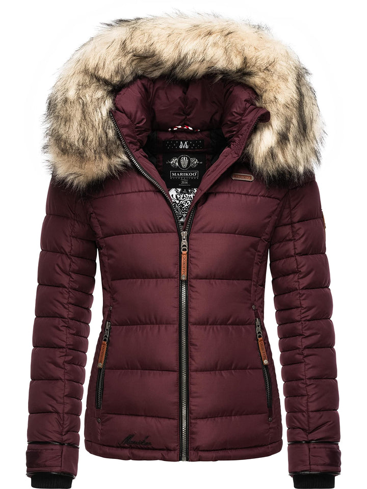 MARIKOO Damen Winterjacke Steppjacke mit abnehmbarem Kunstfell Lerikaa XS-3XL L Wine, L Wine