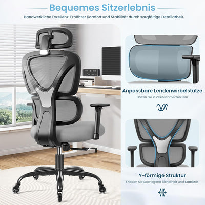 KERDOM Bürostuhl Ergonomischer Schreibtischstuhl,mit Verstellbarer Kopfstütze, Armlehnen, Lendenwirb