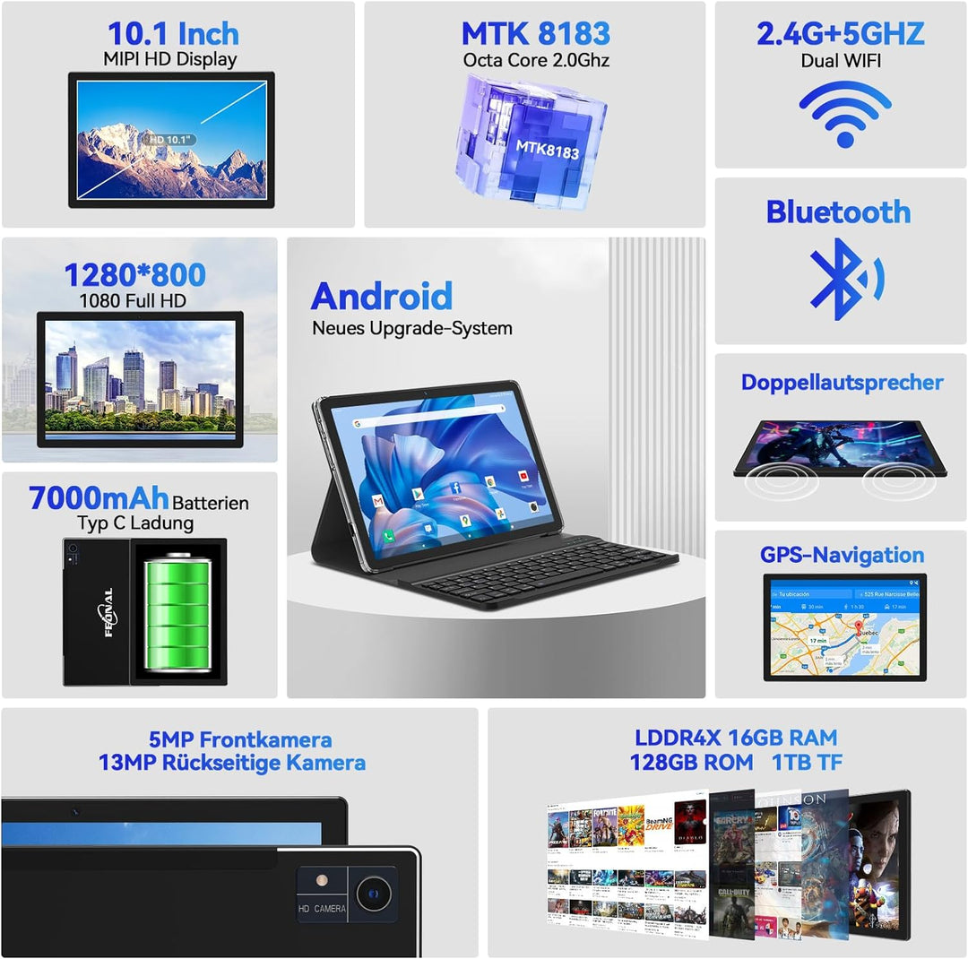 2024 Neueste Tablet 10 Zoll,5G Wifi Android 12 Tablet Mit 16GB RAM+128GB ROM(1TB TF),2-in-1 Tablet M