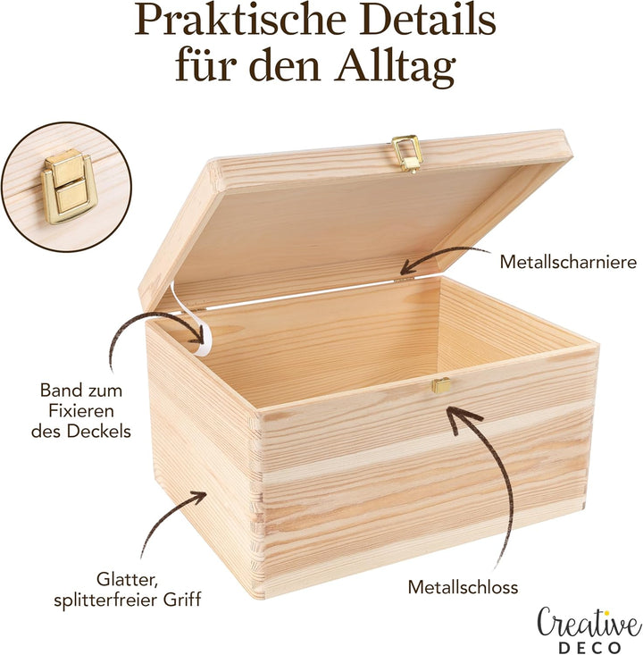 Creative Deco XXL Grosse Holzkiste mit Deckel und Schloss | 40x30x24 cm (+/-1cm) | Holztruhe Erinner