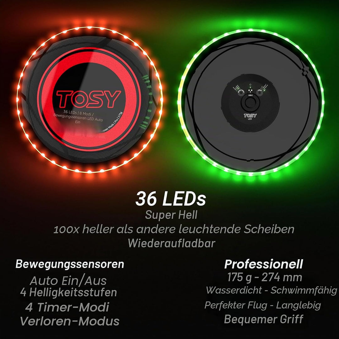 TOSY Flying Disc – 108 RGB-LEDs (Mehrfarbig) oder 36 einfarbig, hell, Smart-Modi, Ostergeschenk, Out