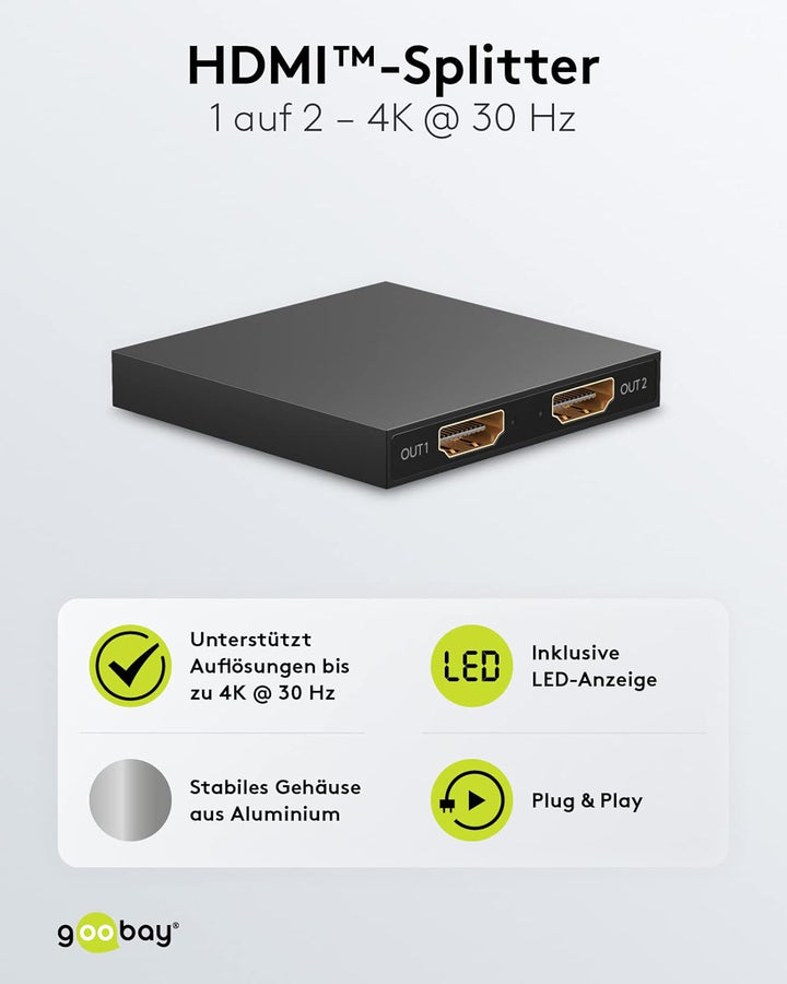goobay 58480 HDMI Splitter 1 in 2 Out / 4K bei 30Hz (2160p) HDMI Verteiler/HDMI 1.4 Switch für Zwei
