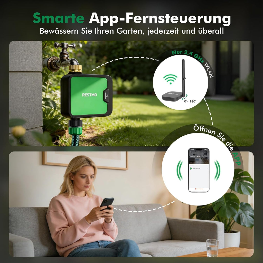 RESTMO 1 Zone Bewässerungscomputer WLAN + RF Hub mit Durchflussmesser, Automatische Garten Bewässeru