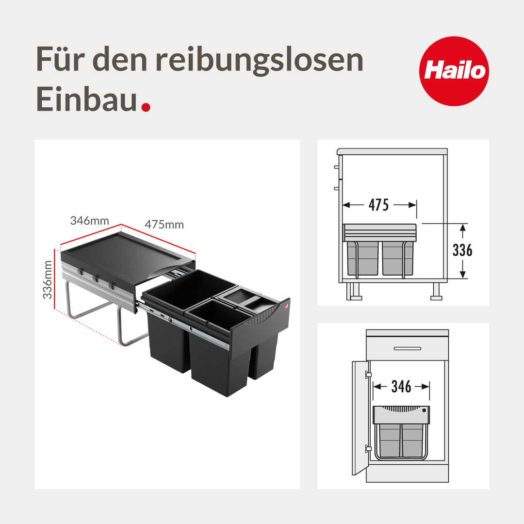 Hailo Abfallsammler 3642931 | Raumspar-Tandem 18 + 2x 8.5 L | ab 40cm Schrank mit Drehtür | 346 x 47