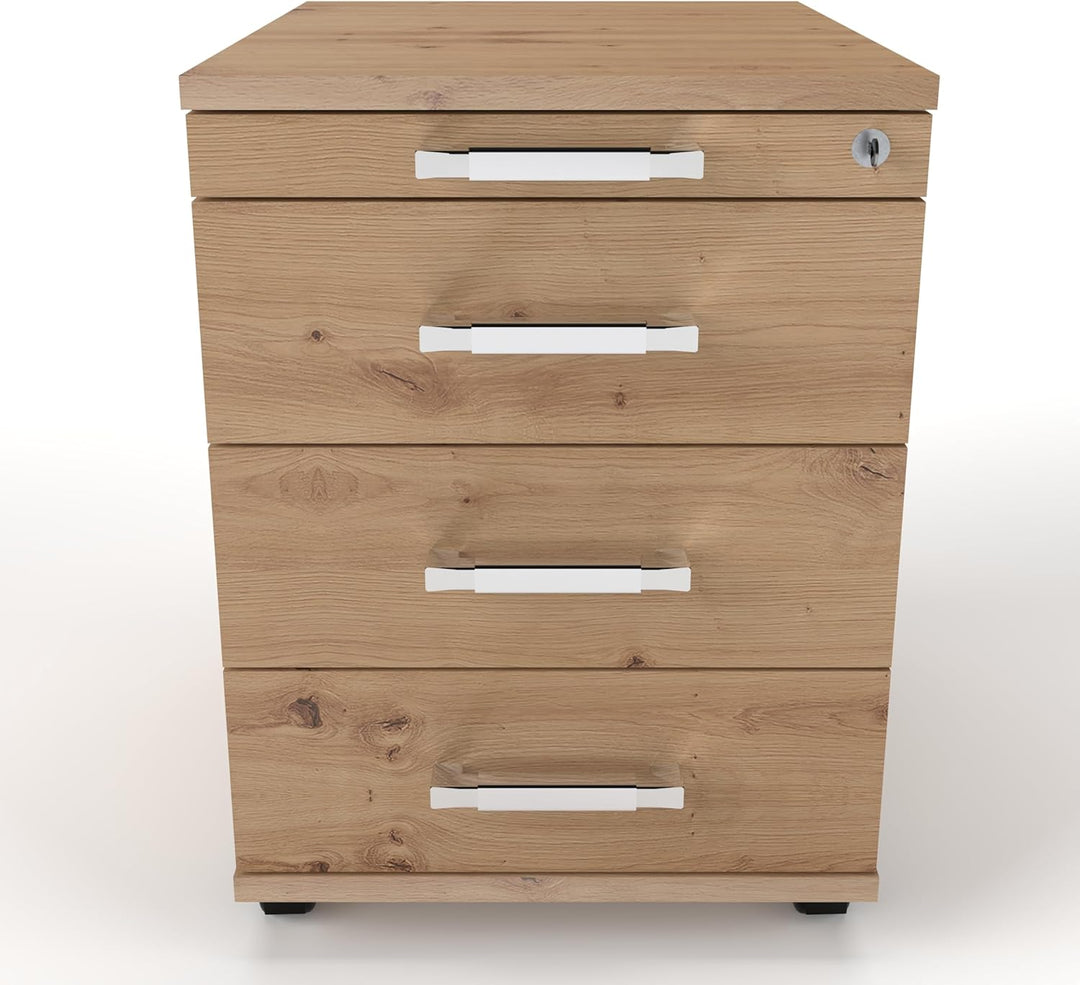 Rollcontainer CADI 43×58×59 cm – abschliessbarer Bürocontainer in Asteiche mit Orga- & 3 Universal-S