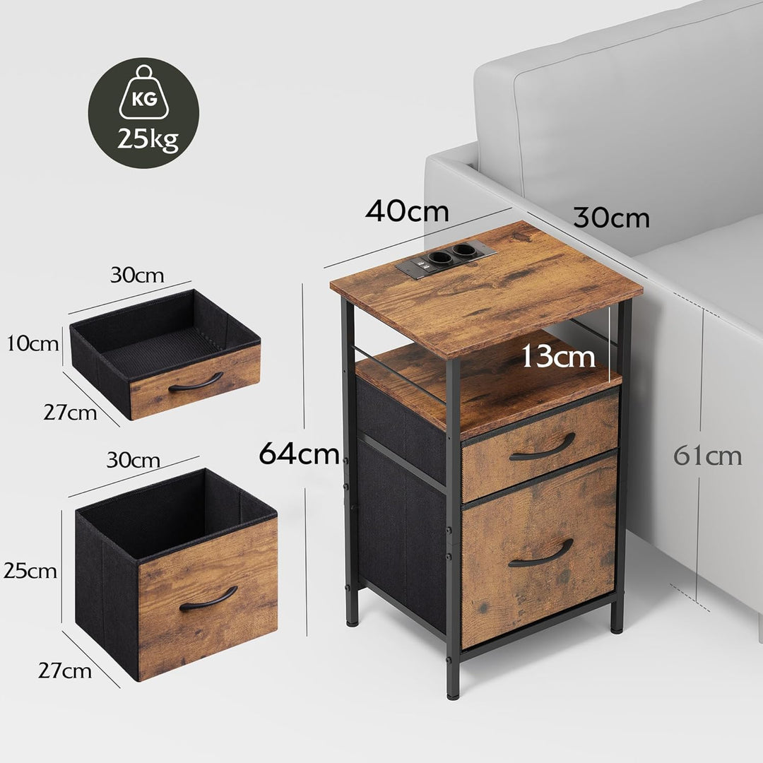 WLIVE Nachttisch mit Ladefunktion, Beistelltisch mit 2 USB-Anschlüssen & 2 Steckdosen, 3 Etagen Nach