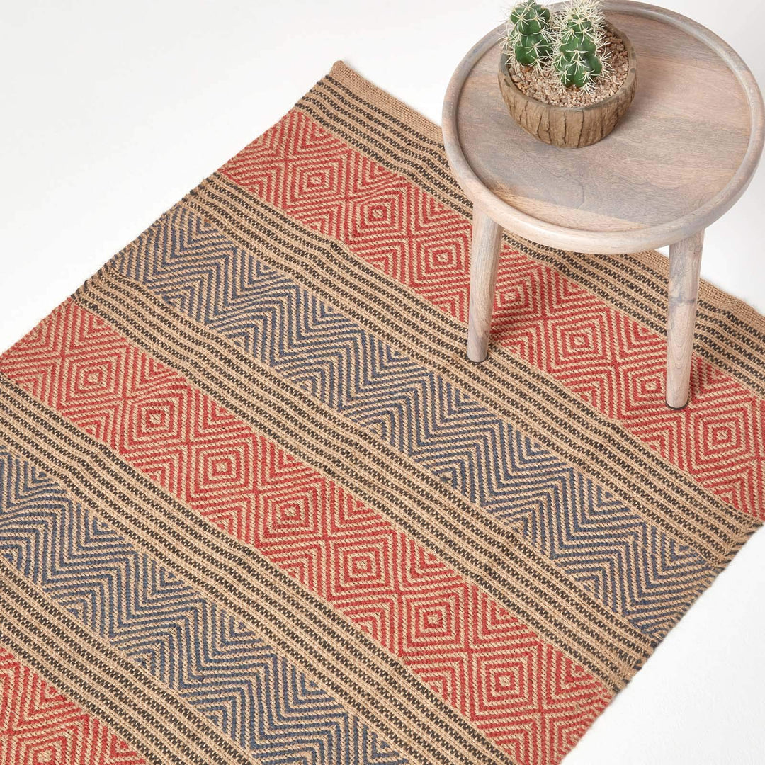 Homescapes Naturfaser Teppich Läufer 66 x 200 cm 100% Jute Küchen-Läufer blau beige geometrisches Mu