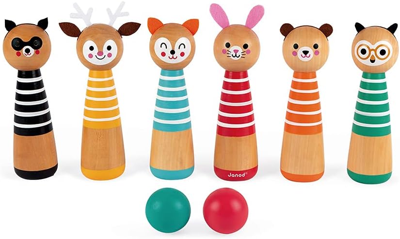 Janod - My First Happy Garden Kegelspiel, Kinderspiel für draussen, 6 Kegel und 2 Holzkugeln, ab 3 J