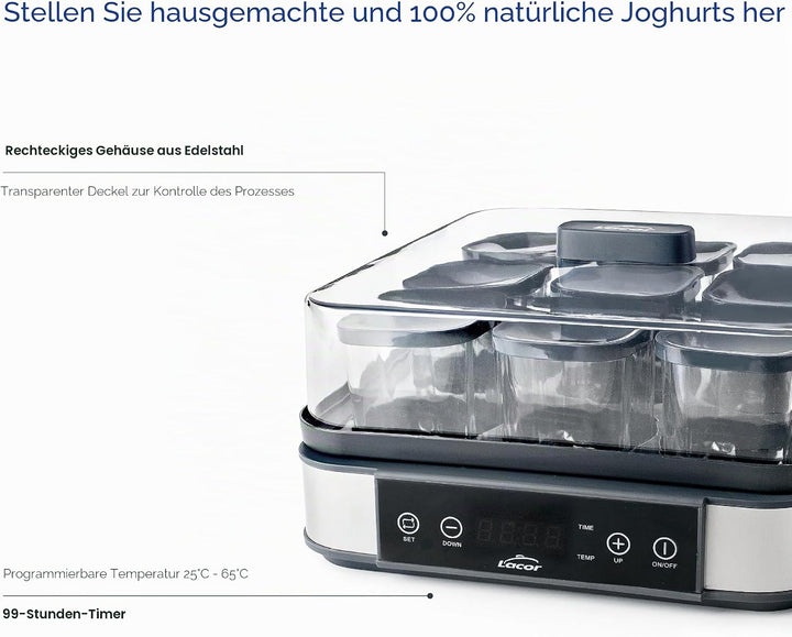 Lacor - 69439 - Deva Joghurtbereiter aus Glas, 9 Gläser im Lieferumfang Enthalten, Einstellbare Temp