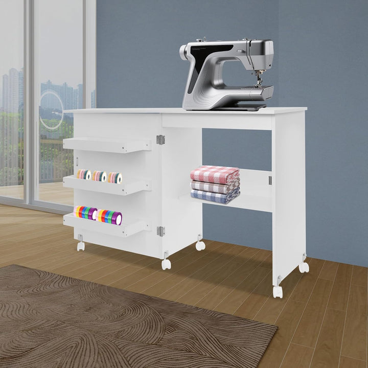 Nähmaschinentisch | Klappbarer Nähtisch 119cm | 3 Boxen &amp; Rollen | Weiss E1 | 5 Universalrollen (3 m