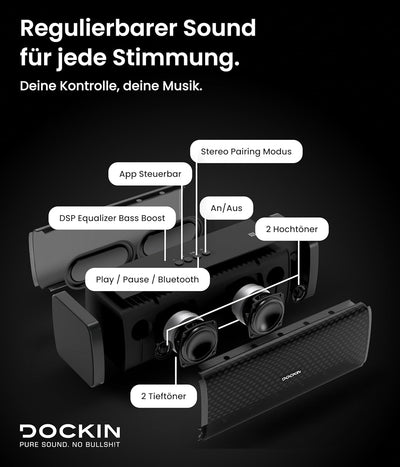 DOCKIN® D FINE Bluetooth Lautsprecher - 50 Watt Stereo HiFi Speaker für Indoor/Outdoor mit starkem B