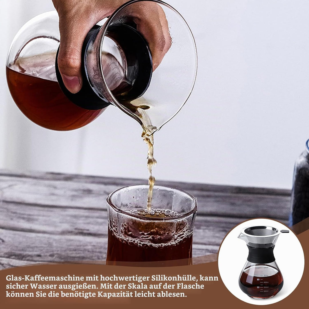 Pour Over Kaffeebereiter, 600 ml Borosilikat Glaskanne mit doppelschichtigem Edelstahlfilter, Perman
