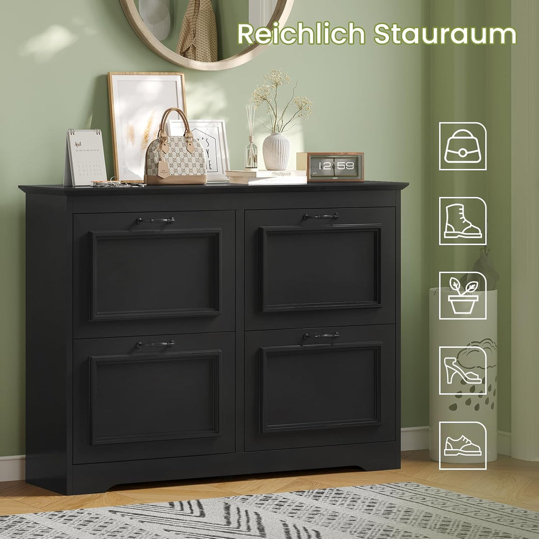 Schuhschrank Schwarz Schuhkipper mit 4 Klappen, Schuhkommode Schuhregal mit Trennwände verstellbar u