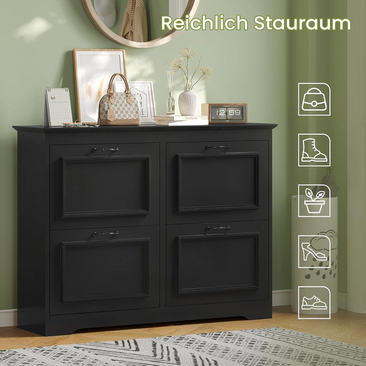 Schuhschrank Schwarz Schuhkipper mit 4 Klappen, Schuhkommode Schuhregal mit Trennwände verstellbar u