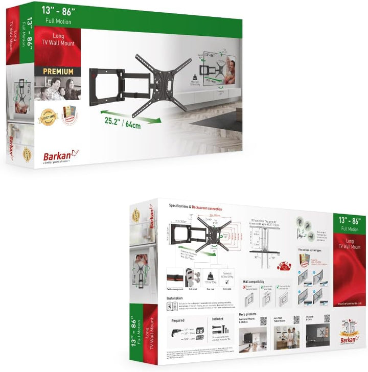 Barkan 64cm Lange TV Wandhalterung, 13-86 Zoll Schwenkbar/Neigbar/Vollbewegung TV Halterung, hält bi