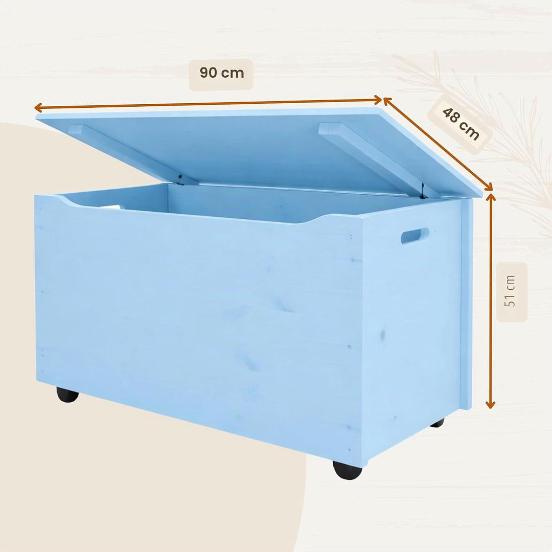 Pinus Spielzeugkiste aus Holz mit Deckel und Rollen, 90×48×51 cm - Grosse Aufbewahrungsbox für Spiel