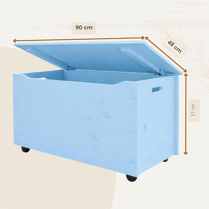 Pinus Spielzeugkiste aus Holz mit Deckel und Rollen, 90×48×51 cm - Grosse Aufbewahrungsbox für Spiel
