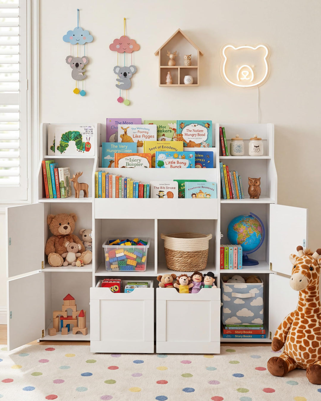 Kinder Bücherregal mit 2 Boxen Weiss Schmal Montessori Spielzeugregal für Kinderzimmer Aufbewahrung