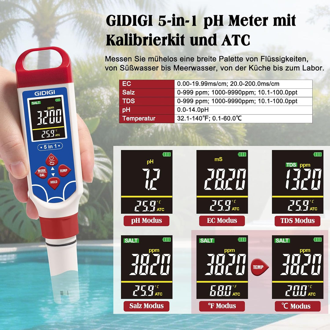 Digitales Schwimmbad-Salzgehaltsmessgerät, 5-in-1 pH- und TDS-Messgerät, geeignet für Meerwasser-Sch