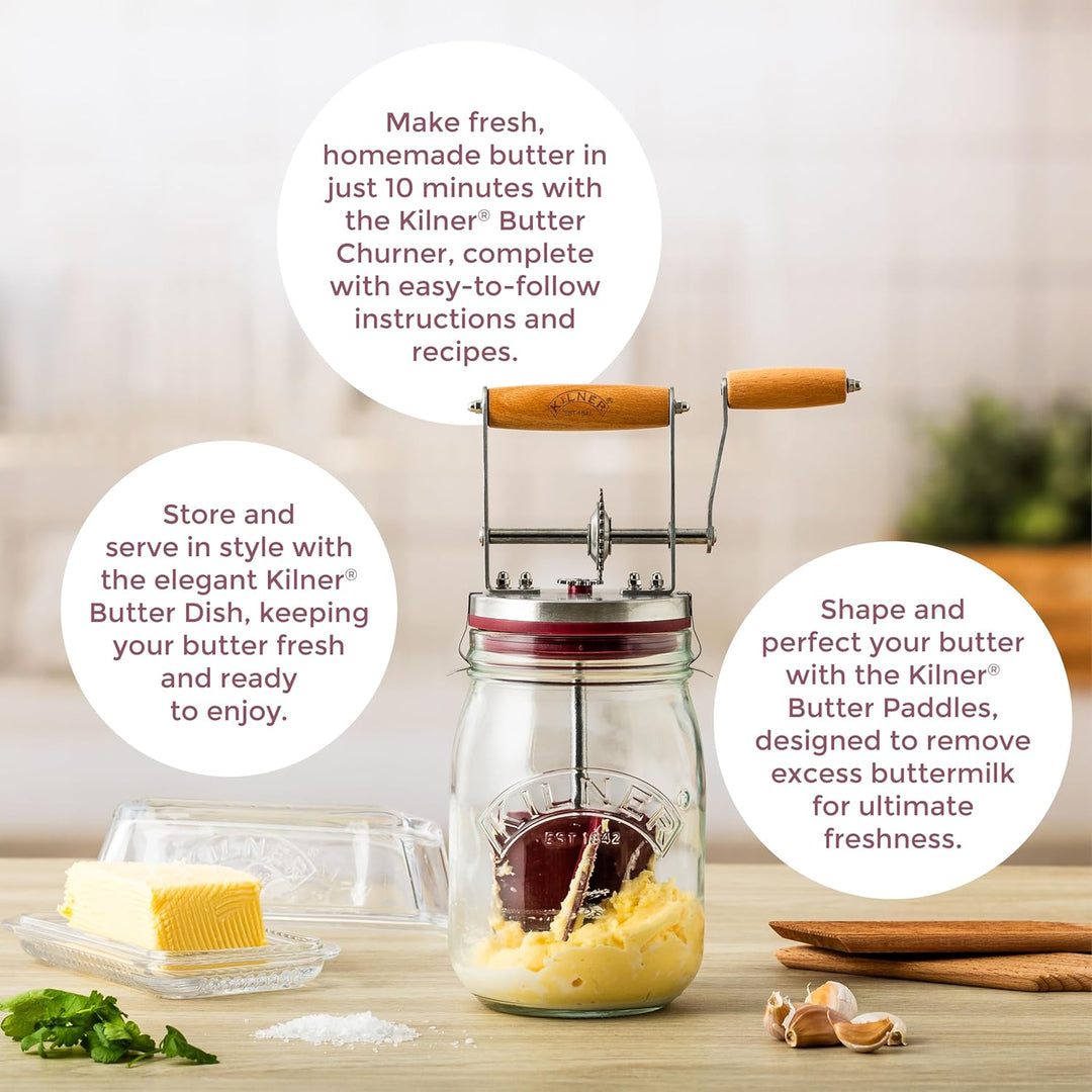 Kilner Butterfass Glas mit Handkurbel, manuelle Handkurbel und Silikonmixer, 1L, Öffnung: 7,2 cm, 16