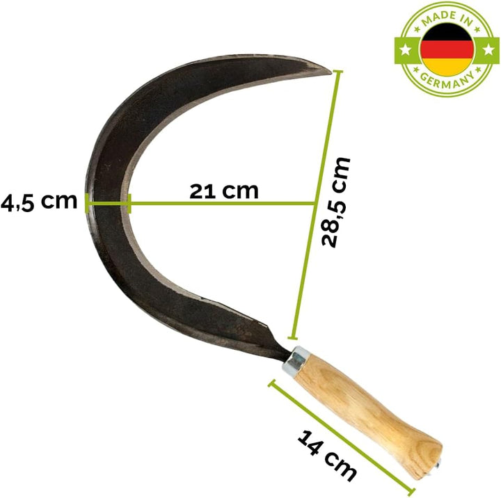 Mondsichel/Blattsichel/Sense inkl. gratis Schleifstein - mit Holzstiel - für Rechtshänder 14 cm Esch