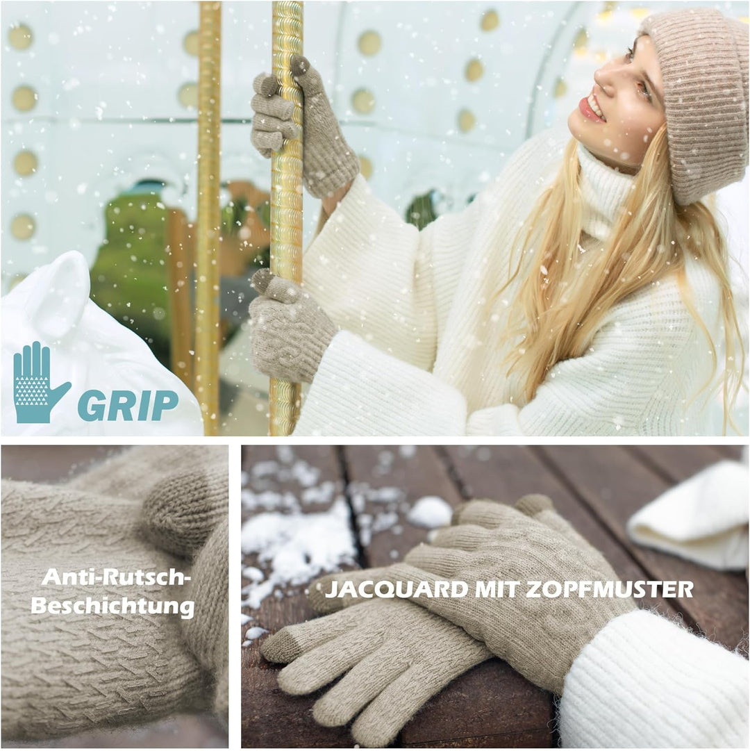 Alpaka Handschuhe Damen Fleece Doppelfutter & Touchscreen - Thermo Winterhandschuhe mit Anti-Rutsch
