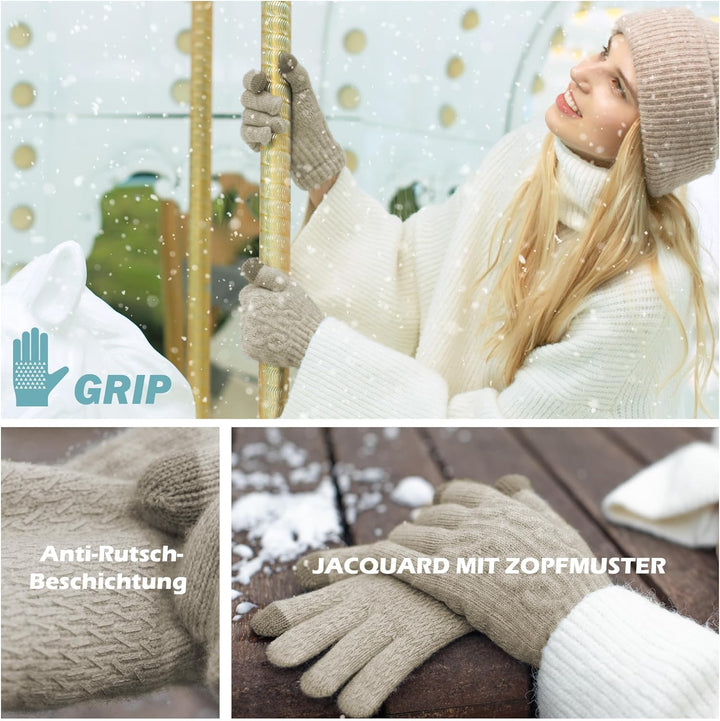 Alpaka Handschuhe Damen Fleece Doppelfutter & Touchscreen - Thermo Winterhandschuhe mit Anti-Rutsch