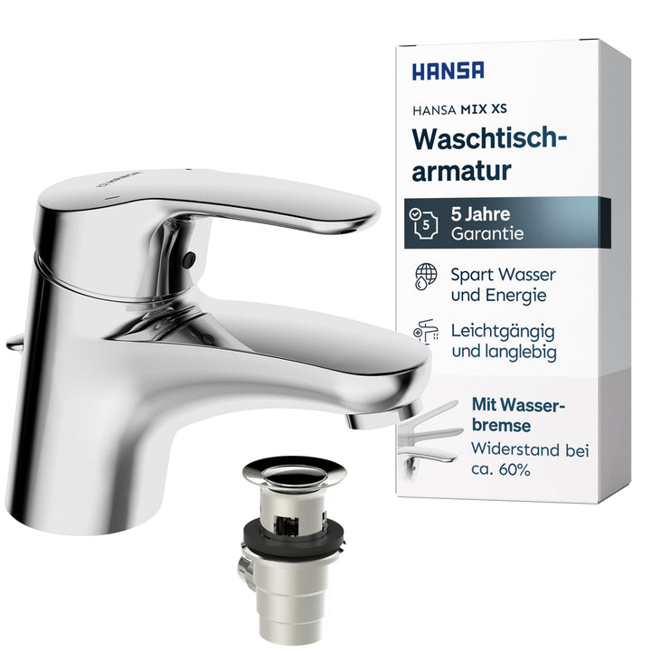 Hansa Waschtisch Einhebelmischer Hansamix, Wasserhahn mit Garnitur und flexiblem Druckschlauch, verc