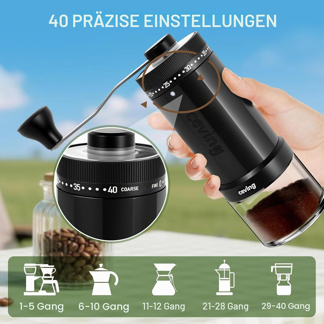 Manuelle Mini-Kaffeemühle mit 40 einstellbaren Einstellungen, tragbare Hand-Kaffeebohnenmühle mit 30