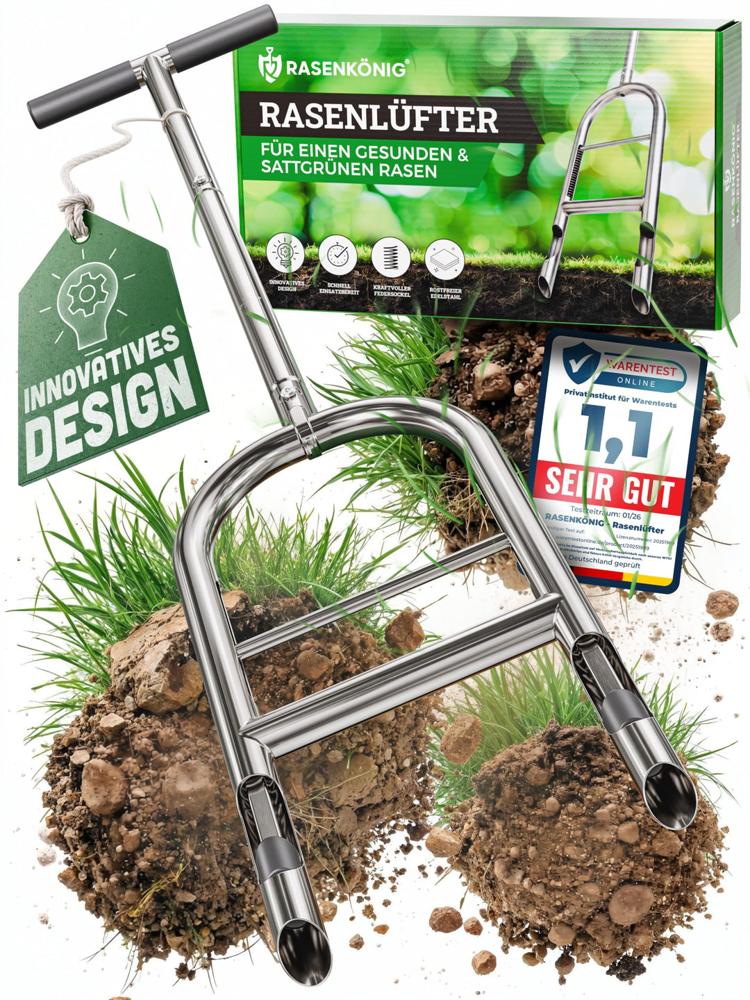 Aerifizierer für Rasen Pro | Innovativer Rasenlüfter | Rasenbelüfter mit Holespoon | Aerifiziergabel