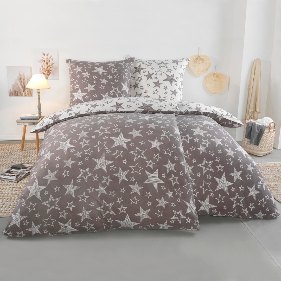 BaSaTex 135x200 Microfaser Flausch Bettwäsche Sterne grau Weiss Taupe Fleece Thermofleece 4tlg.Set 2