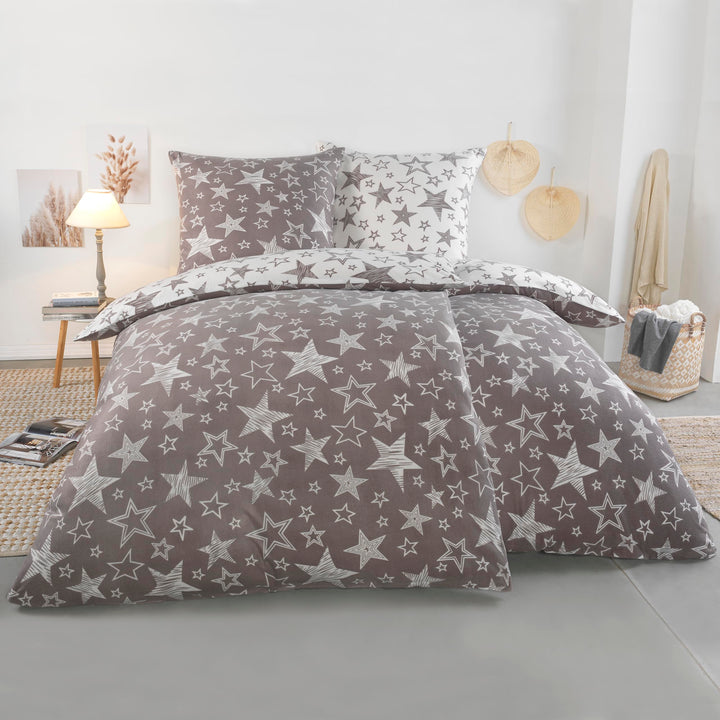 BaSaTex 135x200 Microfaser Flausch Bettwäsche Sterne grau Weiss Taupe Fleece Thermofleece 4tlg.Set 2