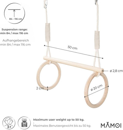 MAMOI® Turnringen Trapez Schaukel 2 in 1 Multifunktions mit Holz Ringe Trapez zum aufhängen bis 50kg