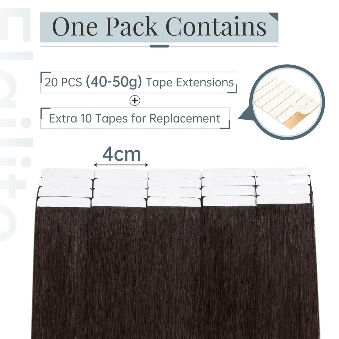 Elailite Extensions Echthaar Tape #2 Dunkelbraun, 20 Stück/Packung Real Human Hair, 35cm Indian Haar