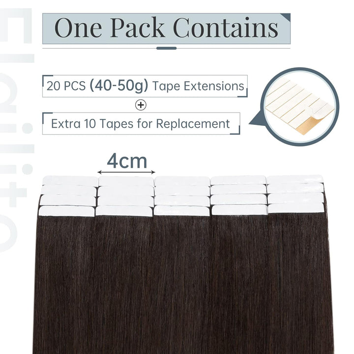 Elailite Extensions Echthaar Tape #2 Dunkelbraun, 20 Stück/Packung Real Human Hair, 35cm Indian Haar