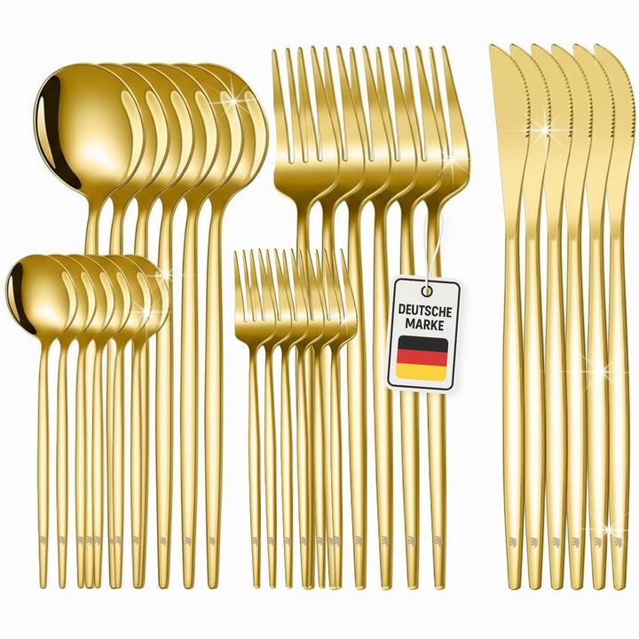 Premium Besteckset, 30-teilig, Gold, Edelstahl, Spülmaschinenfest, Elegantes Design, Tafelbesteck fü