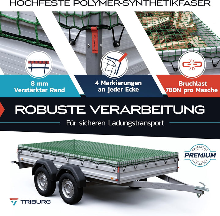 TRIBURG Anhängernetz 3,5x5 inkl. 12x Expander Haken - Anhänger Netz mit Eckmarkierungen und Randvers