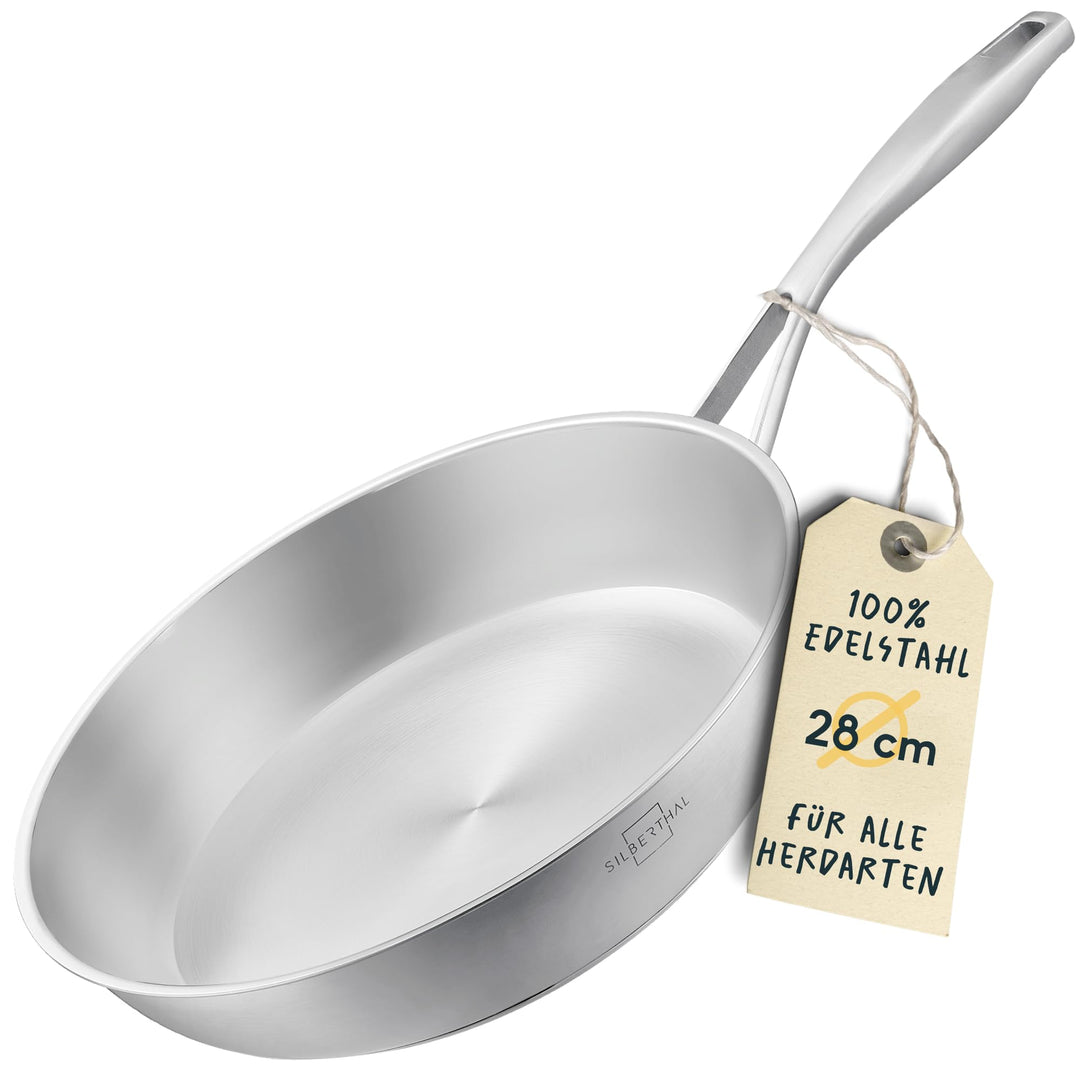 SILBERTHAL Edelstahl Pfanne Unbeschichtet - Induktion - Profi Bratpfanne 28cm - Röstaromen - Ofenfes