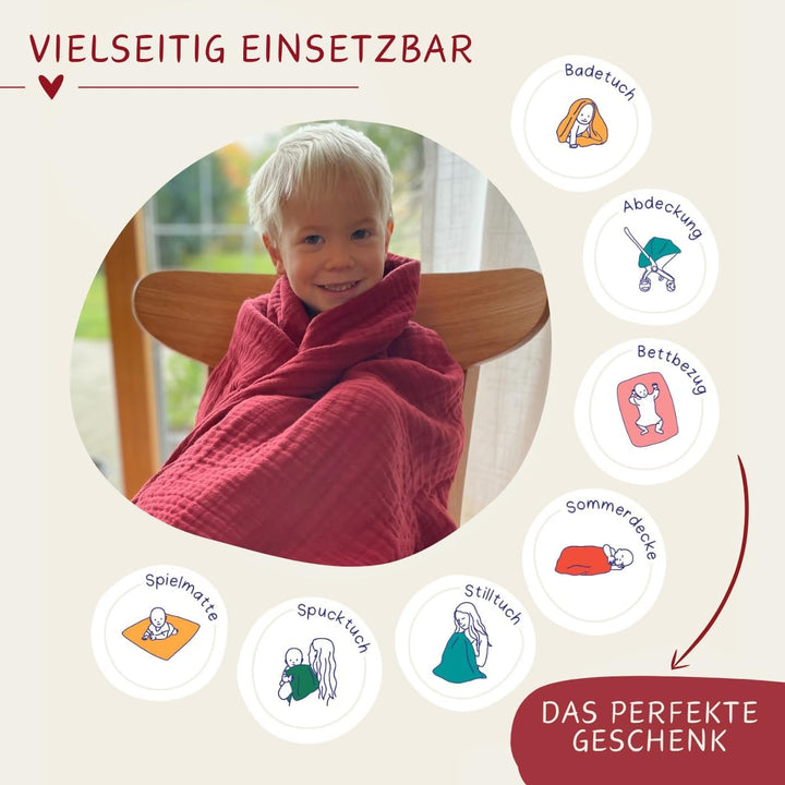 K.A.O.S by T&amp;M Premium Musselin Babydecke/Kuscheldecke/Musselintuch in Rot - Rotes Handtuch Geburt -