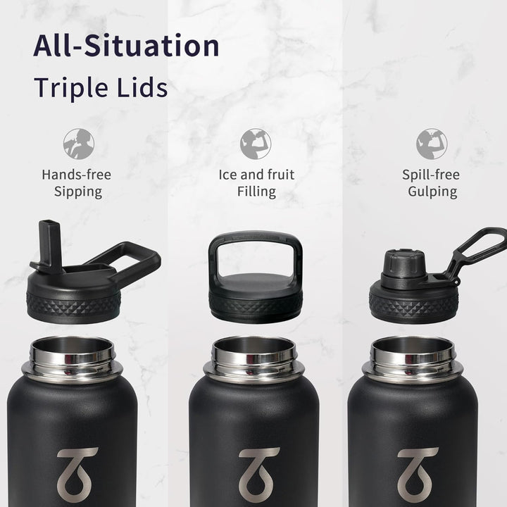 Trebo Isolierte Wasserflasche mit Paracord-Griff und 3 Deckeln, auslaufsicherer Vakuum-Wasserkrug au