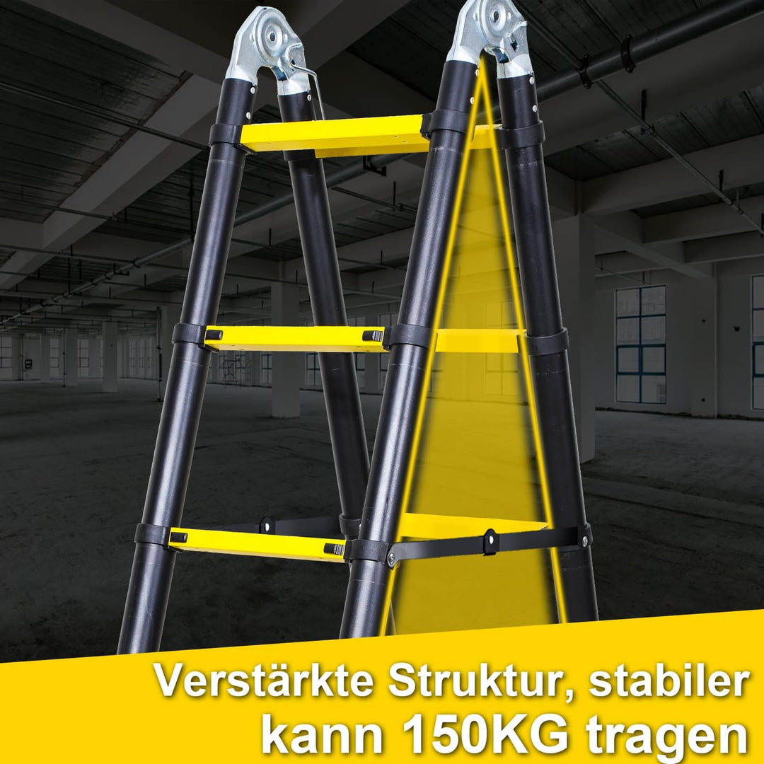 Teleskopleiter, 3.8M (1,9+1,9) Rutschfester Aluminium Stehleiter, 150 KG/330 Pfund Belastbarkeit Aus