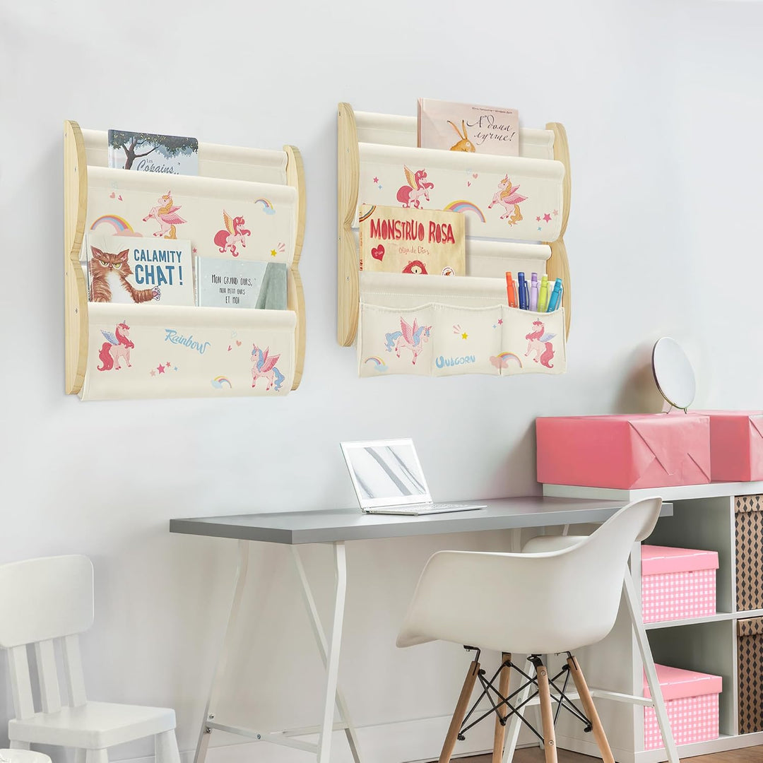 Bücherregal Kinder Wand Kinderbücherregal Montessori mit 4 Ablagen & 3 Taschen Kinderregal Wandregal