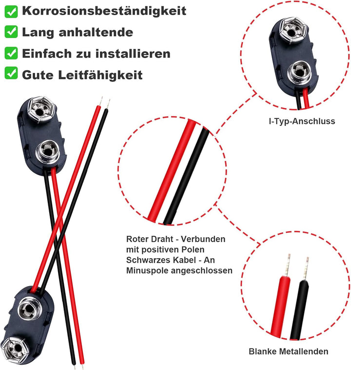 9V Batterieclip 10 Pcs 9V Batterie Anschluss Kabel 9V Batterie Clip Anschluss mit 15cm Anschlusskabe