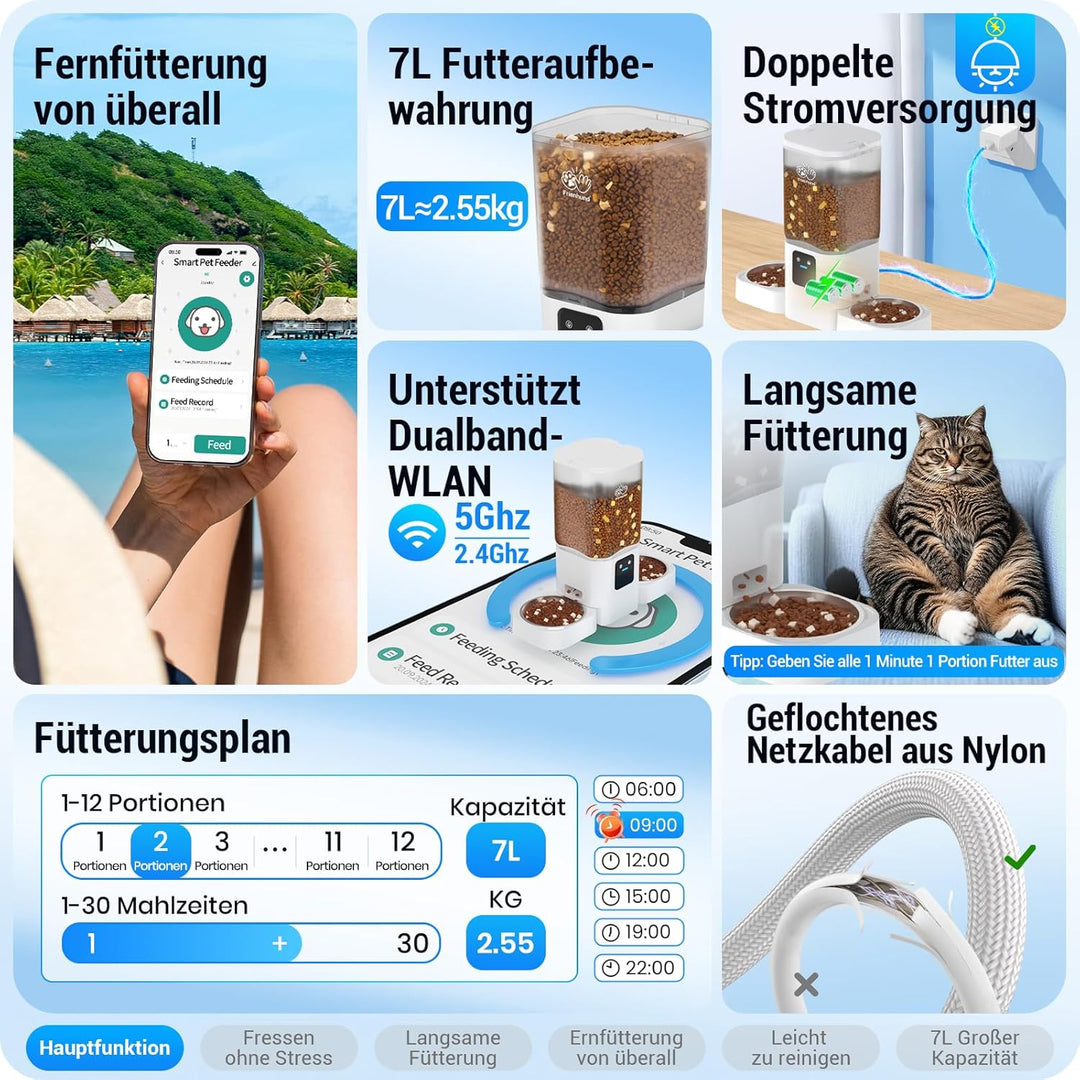 Futterautomat Katze 2 Näpfe mit APP: 5G WiFi Futterspender Katze mit Langsamer Vorschub, 7L Trockenf
