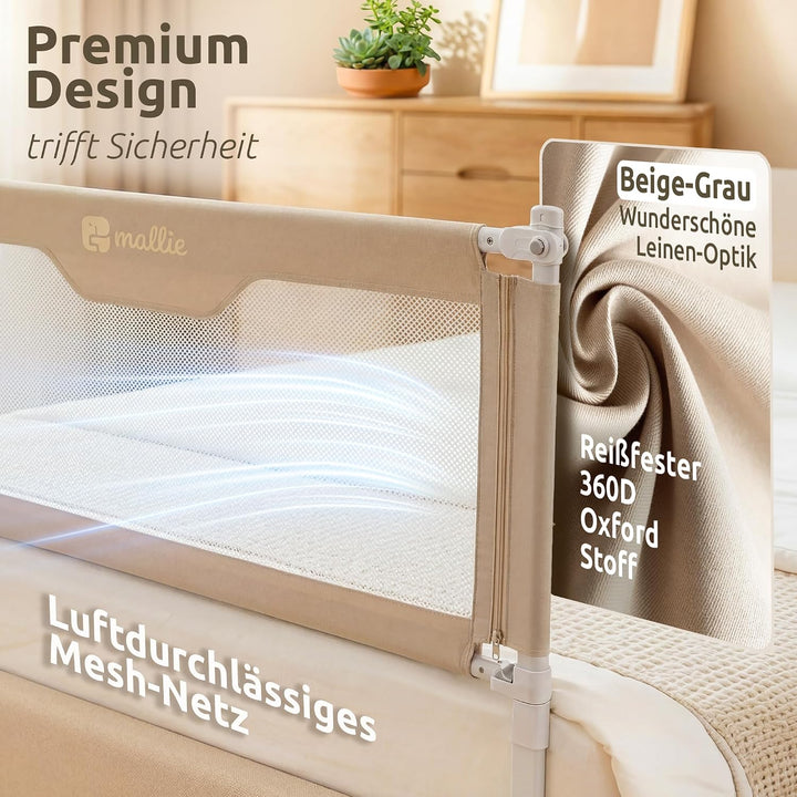 Mallie® Rausfallschutz Boxspringbett 200x200cm Elternbett Beige | 3-seitiges Set mit MALLIEFIX 2.0 C