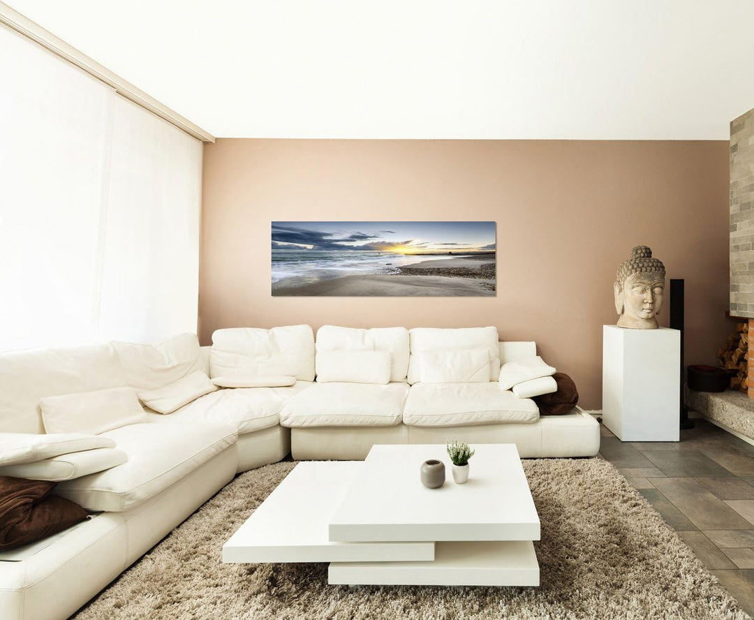 Paul Sinus Art Panoramabild auf Leinwand und Keilrahmen 150x50cm England Strand Meer Wolken Sonnenun