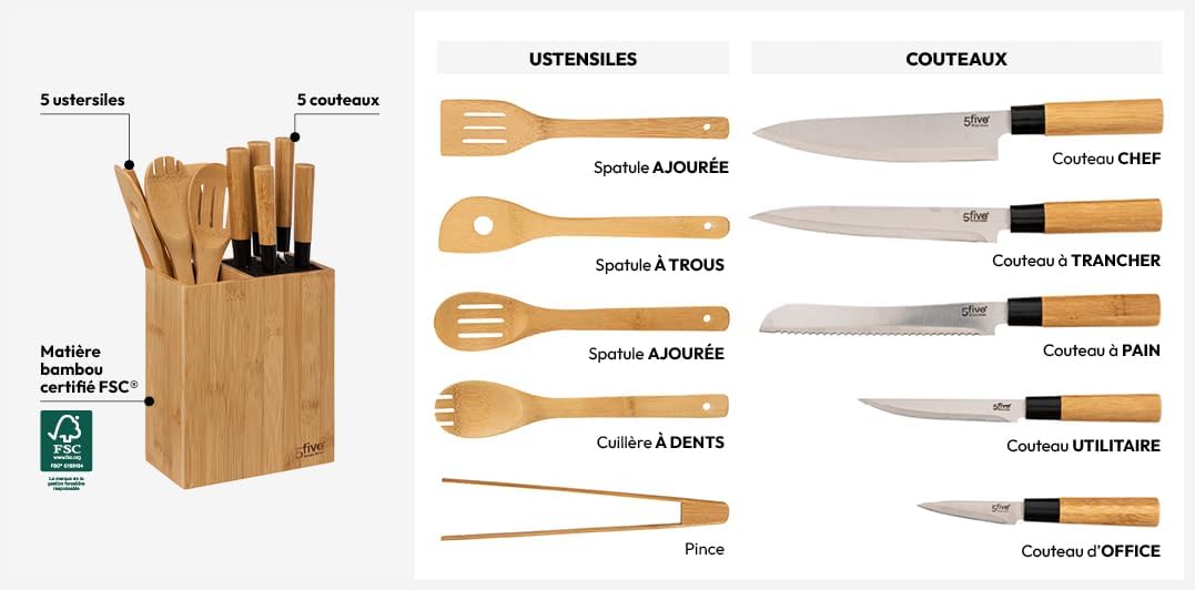 5 five simply smart 5five - block 5 messer & 5 utensilien mit bambusgriff